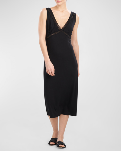 Shop Natori Feathers Essentials Lace-trim Jersey Nightgown In Blk