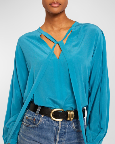 Shop Joie Wells Tie-neck Blouson-sleeve Silk Blouse In Fjord Blue