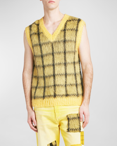 Shop Marni Men's Shaggy Windowpane V-neck Vest In Yellow
