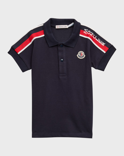 Shop Moncler Boy's Polo Shirt W/ Tri Stripes & Logo In Navy