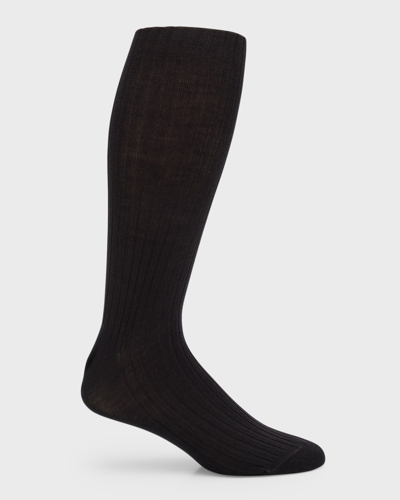 Shop Neiman Marcus Men's Ribbed Wool Over-calf Socks In Black