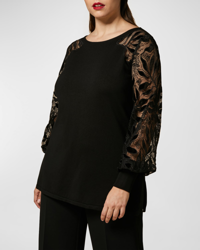 Shop Marina Rinaldi Asia Lace-sleeve Scoop-neck Pullover In Black