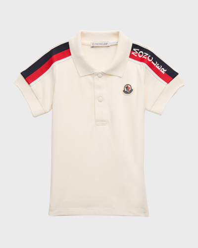 Shop Moncler Boy's Polo Shirt W/ Tri Stripes & Logo In White