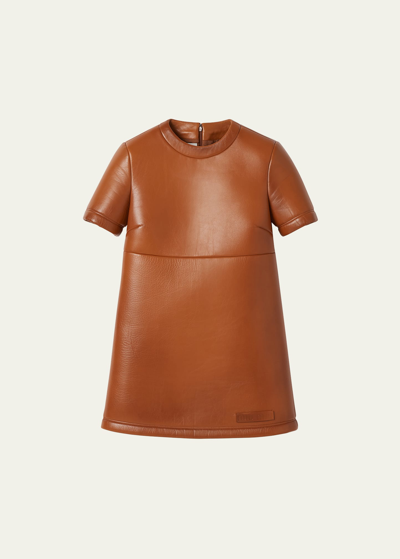 Shop Miu Miu Nappa Leather Short-sleeve Mini Dress In F0046 Cognac