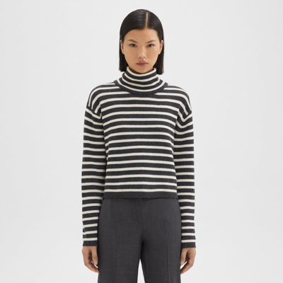 Shop Theory Striped Crop Turtleneck In Felted Wool-cashmere In Charcoal/ivory
