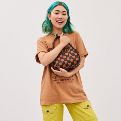 Coach Ergo Bag In Checkerboard Patchwork Upcrafted Leather With Zig Zag Stitch In Burnished Amber/black