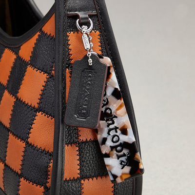 Coach Ergo Bag In Checkerboard Patchwork Upcrafted Leather With Zig Zag Stitch In Burnished Amber/black
