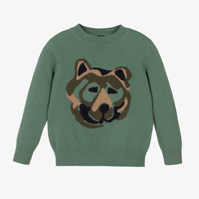 Shop Il Gufo Boys Green Wool Knit Wolf Sweater