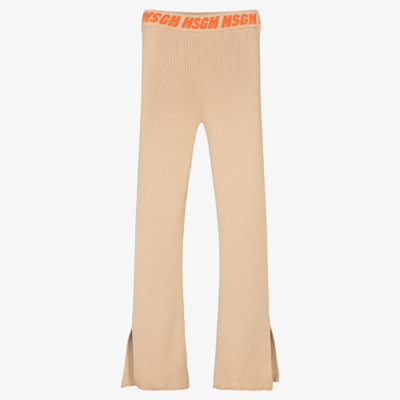 Shop Msgm Teen Girls Beige Ribbed Knit Trousers