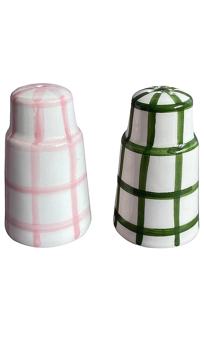 Shop Vaisselle Salt N' Pepa Salt & Pepper Dispenser In White  Pink & White  Forest Green Gingha