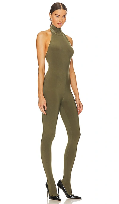 Shop Norma Kamali Halter Turtle Catsuit With Footsie In Military