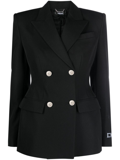 Shop Versace Double-breasted Virgin Wool Jacket In Black