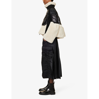 Shop Sacai Women's Black Ecru Contrast-panel Funnel-neck Faux-shearling Jacket