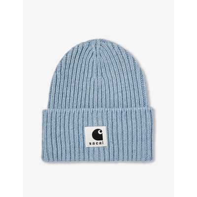 Shop Sacai Men's Light Blue X Carhartt Wip Brand-patch Ribbed-knit Wool-blend Beanie Hat