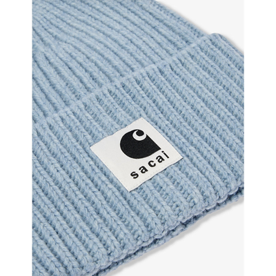 Shop Sacai Men's Light Blue X Carhartt Wip Brand-patch Ribbed-knit Wool-blend Beanie Hat