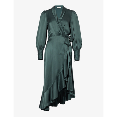 Shop Zimmermann Womens Dark Green Plunge-neck Wrap-over Silk Midi Dress