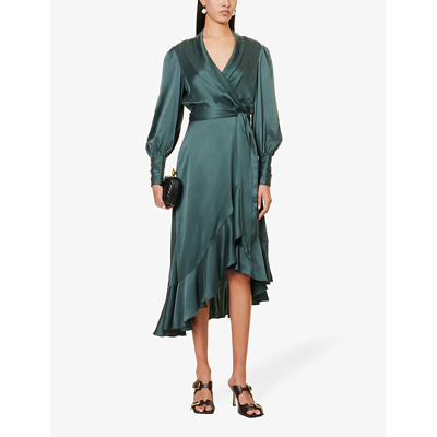 Shop Zimmermann Womens Dark Green Plunge-neck Wrap-over Silk Midi Dress