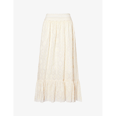 Shop Gucci Women's Gardenia/mix Embroidered Tiered-hem Cotton Maxi Skirt