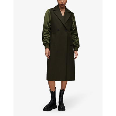 Shop Allsaints Women's Khaki Green Paulah Shell-sleeve Wool-blend Coat