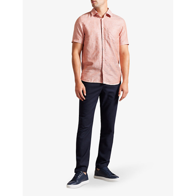 Shop Ted Baker Men's Dk-orange Knigfrd Regular-fit Short-sleeve Linen-blend Shirt
