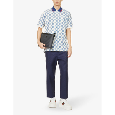 Shop Gucci Men's Milk Blue Mix Monogram Contrast-collar Stretch-cotton Piqué Polo Shirt