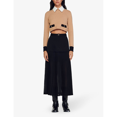 Shop Sandro Women's Noir / Gris Grami High-rise Pleated Woven Midi Skirt