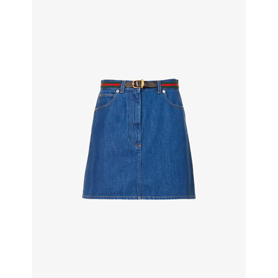 Shop Gucci Women's Dark Blue/mix Striped-trim Faded-wash Denim Mini Skirt