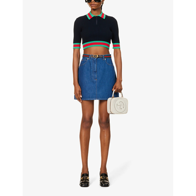 Shop Gucci Women's Dark Blue/mix Striped-trim Faded-wash Denim Mini Skirt