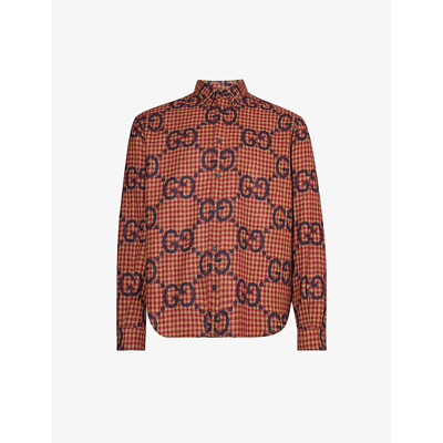 Shop Gucci Men's Red Blue Mc Gg-monogram Long-sleeve Wool Shirt