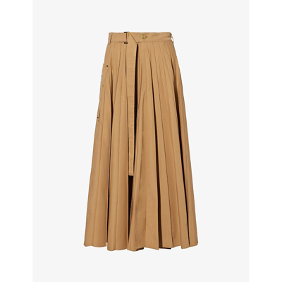 Shop Sacai Women's Beige X Carhartt Wip Pleated Brand-patch Cotton Midi Skirt