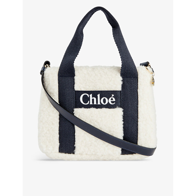 Shop Chloé Chloe Girls Off White Navy Kid's Brand-print Double-handle Faux-fur Cross-body Bag In Off White  Navy