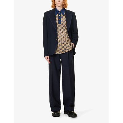 Shop Gucci Men's Beige Blue Monogram Contrast-trim Silk And Cotton-blend Polo Shirt