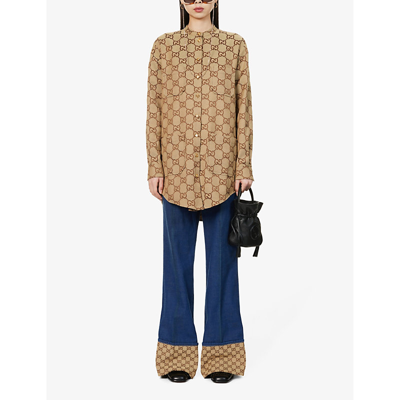 Shop Gucci Women's Camel/ebony Monogram-pattern Textured Regular-fit Cotton-blend Shirt