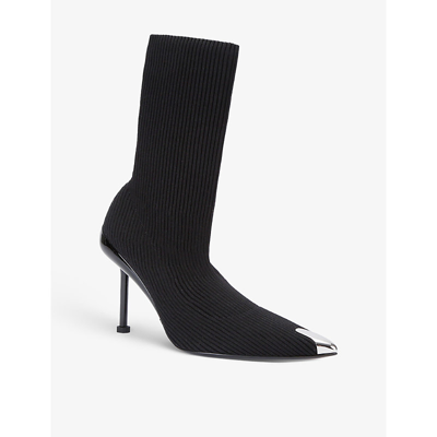 Shop Alexander Mcqueen Women's Black Contrast-toe Knitted Heeled Ankle Boots