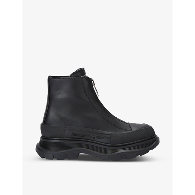 Shop Alexander Mcqueen Women's Black Tread Slick Branded Leather Ankle Boots
