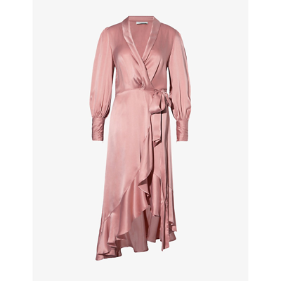 Shop Zimmermann Womens Dusty Pink Plunge-neck Wrap-over Silk Midi Dress