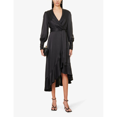 Shop Zimmermann Women's Black Plunge-neck Wrap-over Silk Midi Dress