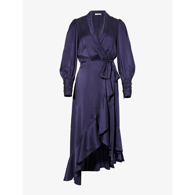 Shop Zimmermann Womens Navy Plunge-neck Wrap-over Silk Midi Dress