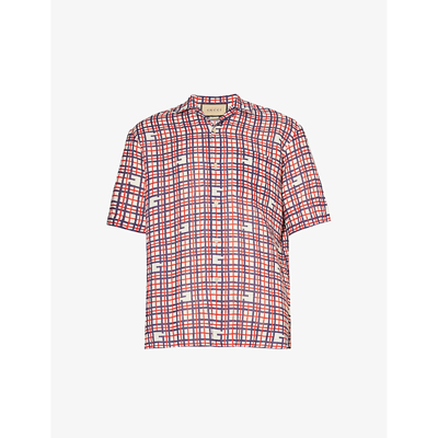 Shop Gucci Men's Red Deep Blue Mc Bowling Hawaii Check-print Linen Shirt