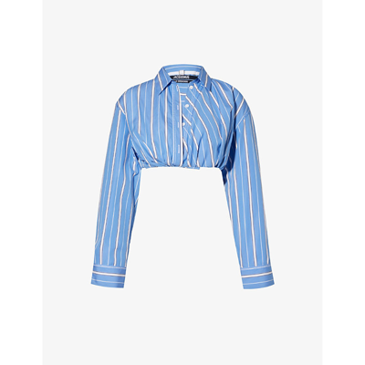 Shop Jacquemus Womens Blue Stripes La Chemise Bahia Courte Cropped Cotton Shirt