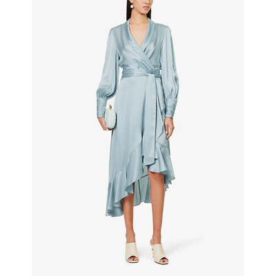 Shop Zimmermann Womens Dusty Blue Plunge-neck Wrap-over Silk Midi Dress