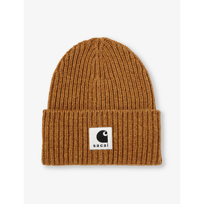 Shop Sacai Men's Beige X Carhartt Wip Brand-patch Ribbed-knit Wool-blend Beanie Hat