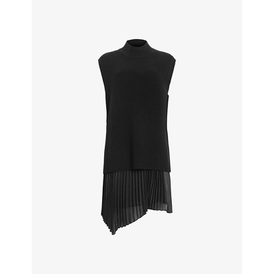 Shop Allsaints Women's Black Eve Pleated-hem Wool And Cashmere Mini Dress