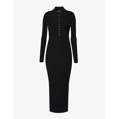 Shop Gucci Women's Black Gold-toned Button Knitted Midi Dress