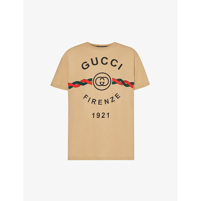 Shop Gucci Men's Camel Mc Logo-print Regular-fit Cotton-jersey T-shirt