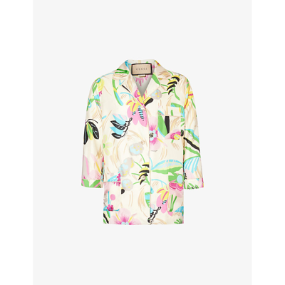Shop Gucci Women's Ivory/pink/mix Floral-print Relaxed-fit Silk Shirt