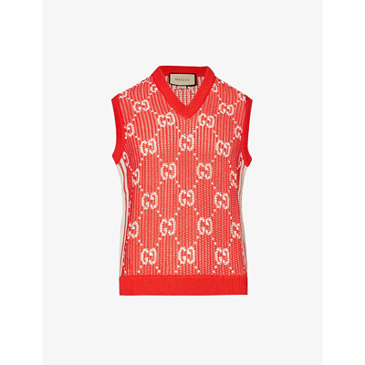 Shop Gucci Men's Red Ivory Gg-mongram V-neck Cotton Vest