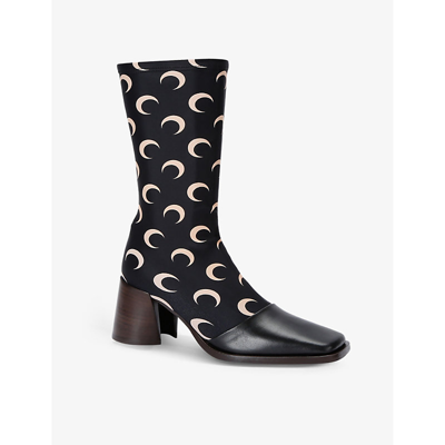 Shop Marine Serre Women's Blk/white Regenerated Moon-print Leather And Stretch-woven Heeled Boots