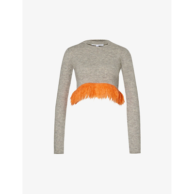 Shop Jw Anderson Womens Light Grey Melange Fringed-hem Cropped Mohair Wool-blend Knitted Jumper