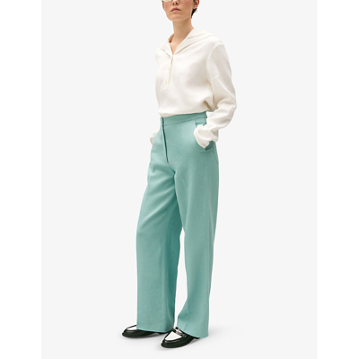 Shop Claudie Pierlot Women's Verts Tailored Wide-leg High-rise Stretch Linen-blend Trousers